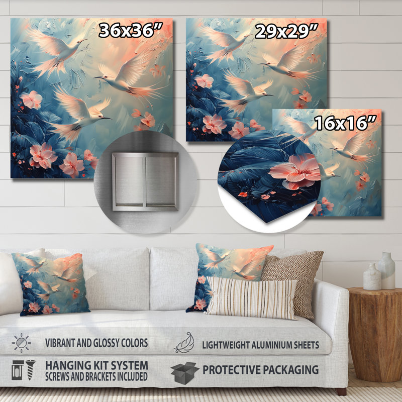 Blanc et rose, Paradise Cove Doves I - oiseau, art mural, Métal métal, H 16 po x l 16 po x P 1 po