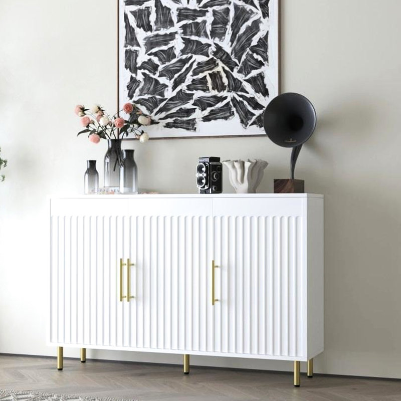 Spacious 3-Door Sideboard In White. For Kitchen, Dining & Living Rooms. Gold Handles And Fluted Design Enhance Style Accent White Buffet Cabinet With 3 Doors. Design. Fits Various Rooms