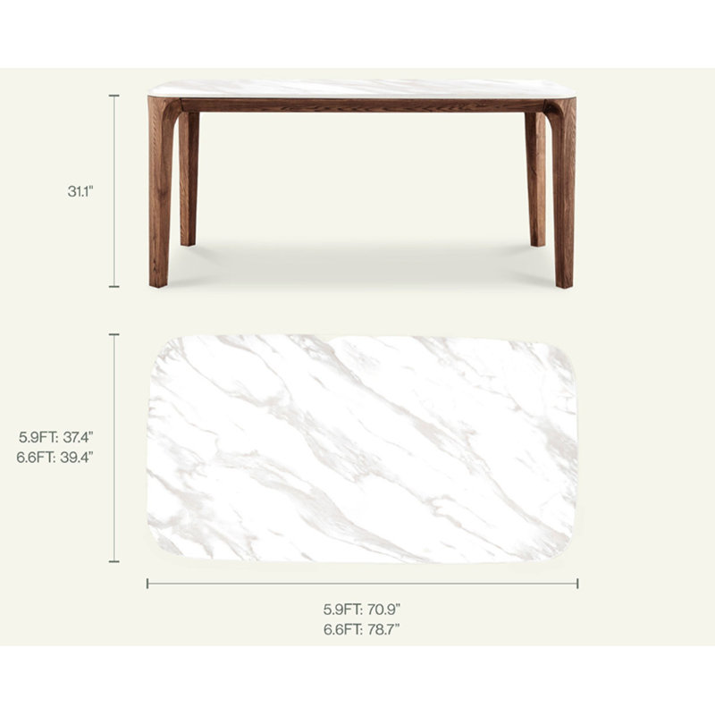 Modern Rectangular Walnut & Ceramic Dining Table / 6.6Ft, 31.1" H x 78.7" L x 39.4" W