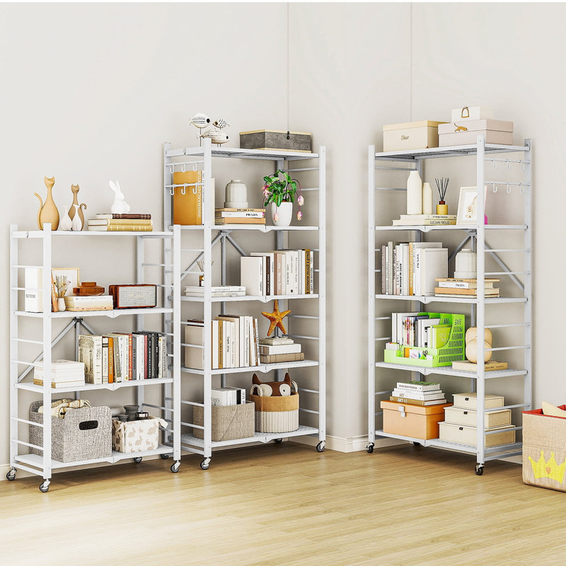 Tablettes de rangement Fenbeli, tablette de rangement pliable en métal à 5 niveaux avec roulettes, support de rangement robuste pour le garage, la cuisine, le placard, blanc