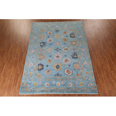 Tapis bleu à motif floral All-Over Oushak 9 x 12