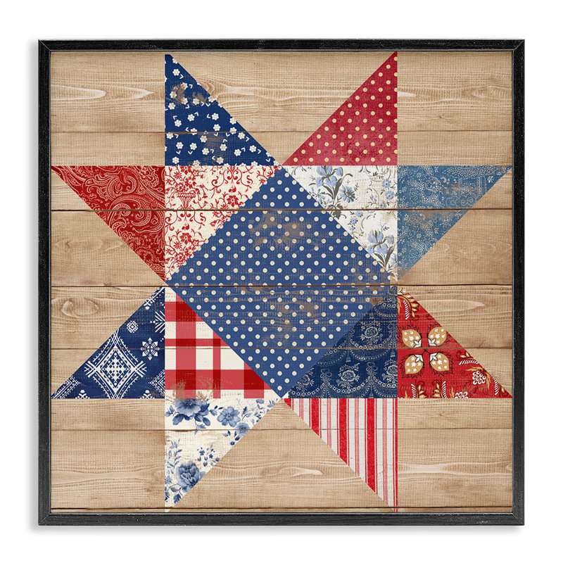 Rustic Americana Quilt Pattern Framed Giclee Art, design by Susan Arnot, Midnight Black Framed Giclee, 12" H x 12" W