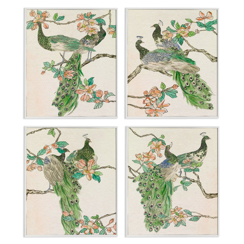  «Traditional Peacocks on Branches», ensemble de 4 giclées par Melissa Wang, H 14 po x l 11 po