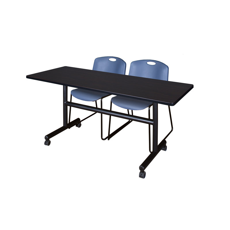 Kobe Flip-Top Training Nesting Table, 2 Zeng Stack Chairs, 29" H x 60" W x 24" D, Grey/Blue