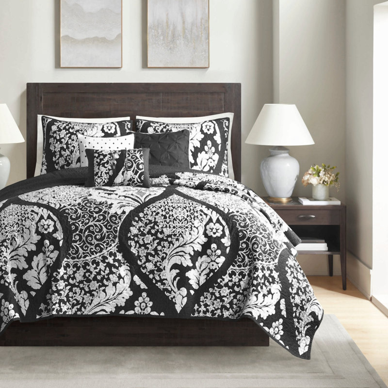 Ensemble de courtepointe réversible brodée en coton 6 pièces, noir, format King/Cal King, Black