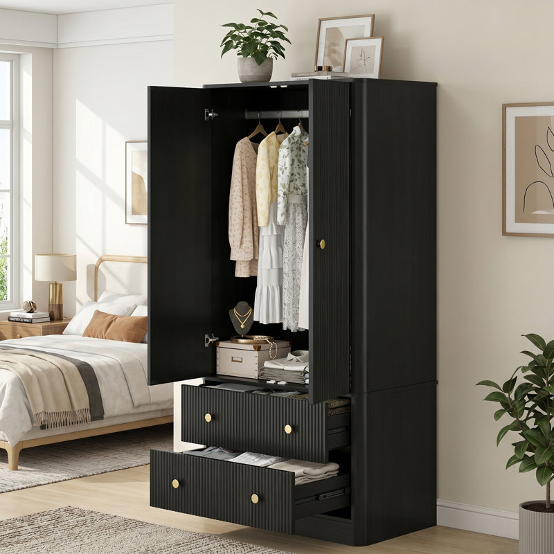 Armoire de ferme, armoire de rangement pour garde-robe, garde-robe pour vêtements 2 portes 2 tiroirs, Noir mat