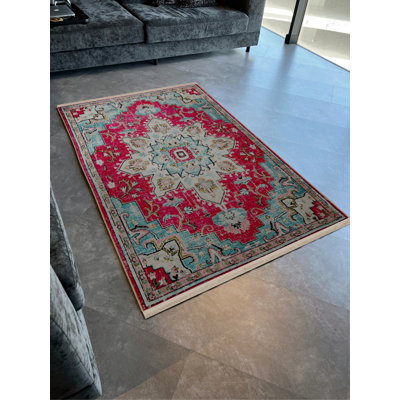 Turquoise Pink Themed Traditional Motif Patterned Creative Vintage Decorative Carpet