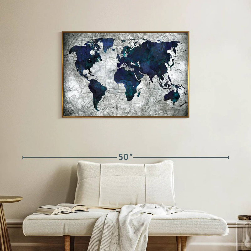 World Map, 37" X 25", Floating Frame Gold