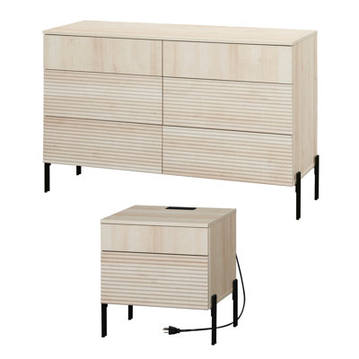 6 Drawer Dresser And Nightstand Set For Bedroom, 2 Pcs Bedroom Set With Minimalist Reeded Design, Double Dresser With Hidden Handles