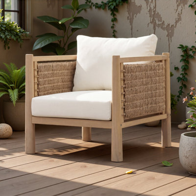 Chaise de patio d'extérieur en bois d'acacia avec accoudoirs et coussins tissés en osier PE