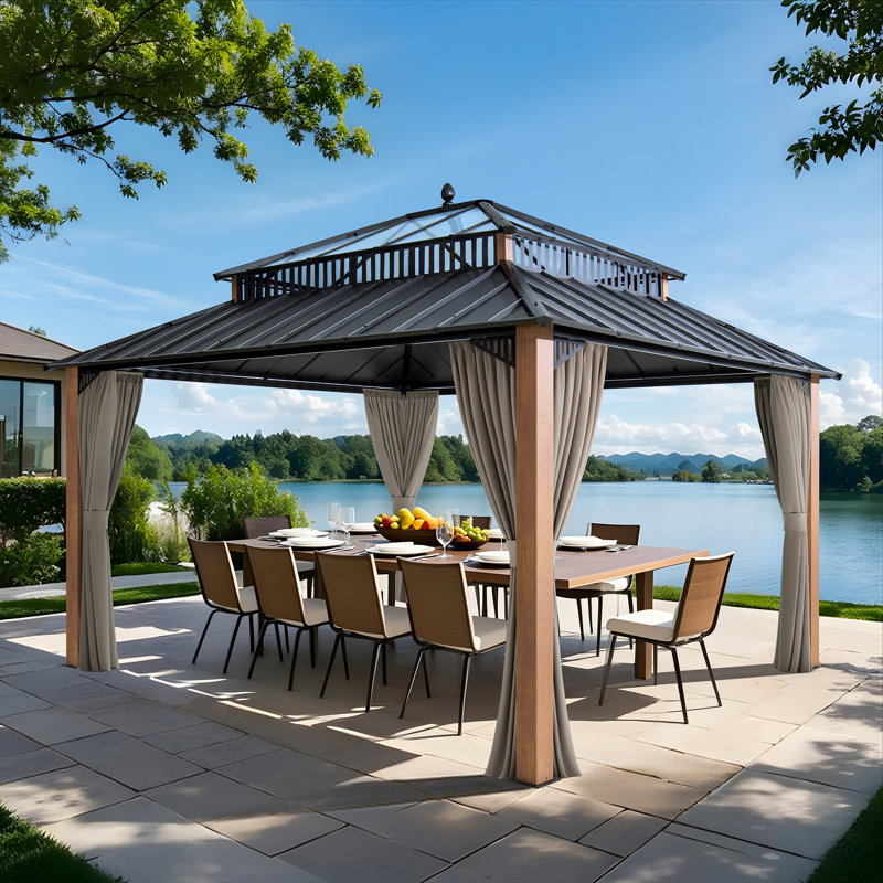 SUNJOY Kingston 14x12 Gazebo, Steel & PC Roof Hardtop Gazebo with Curtain and Netting - Woodgrain Aluminum Posts, Black
