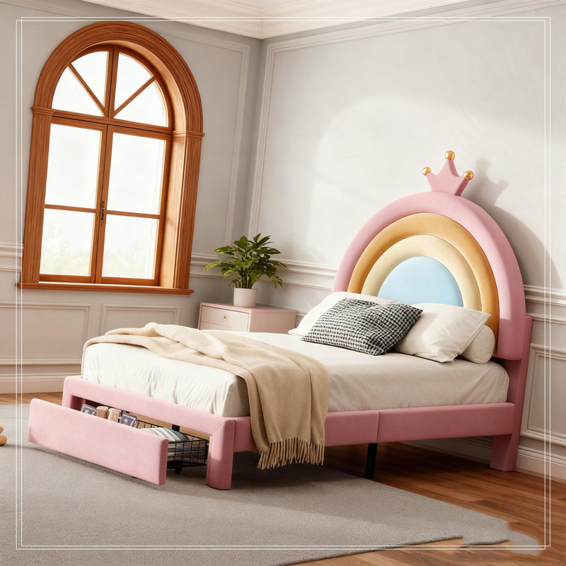 Lit tapissier à conception arc-en-ciel, lit plateforme en velours avec tiroir de rangement Princess, Lit simple