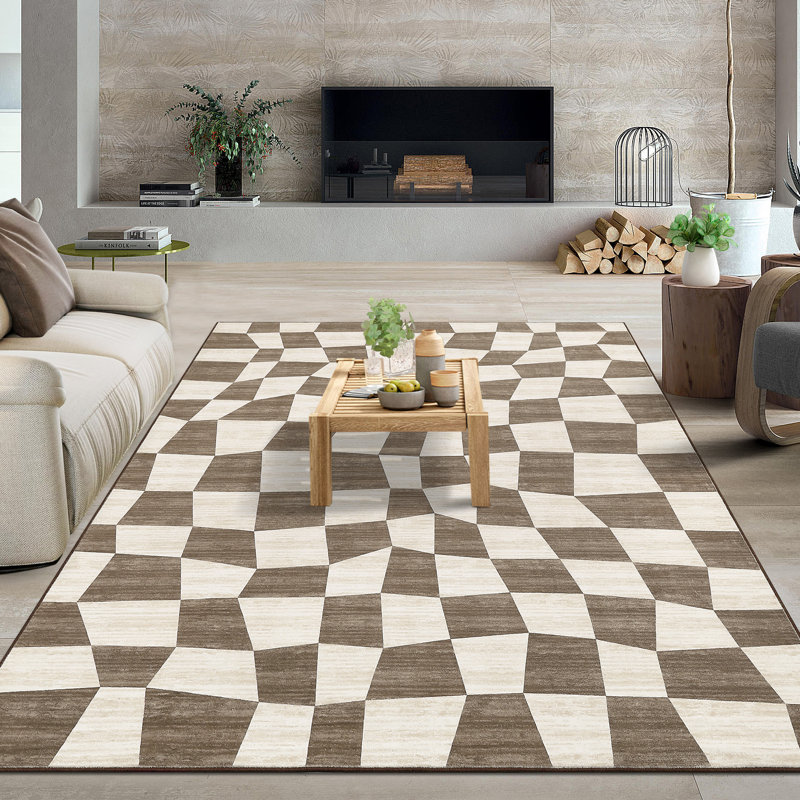 Checkered Area Rug – Washable, Non-Slip, Low Pile, Modern, Soft & Mark Resistant Carpet for Living Room, Bedroom, Nursery, Office – Brown, 8x10ft (USA)
