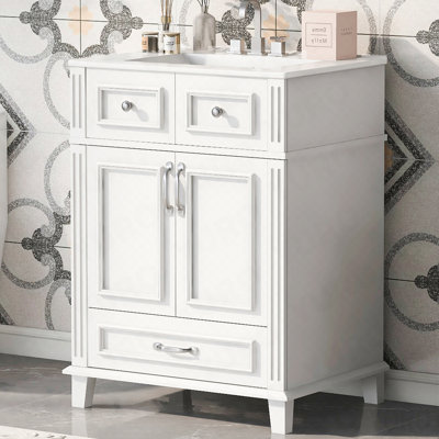 24'' Bathroom Vanity With Ceramic Sink,Solid Wood Frame Bathroom Storage Cabinet With Soft Closing Doors,Retro Style, White