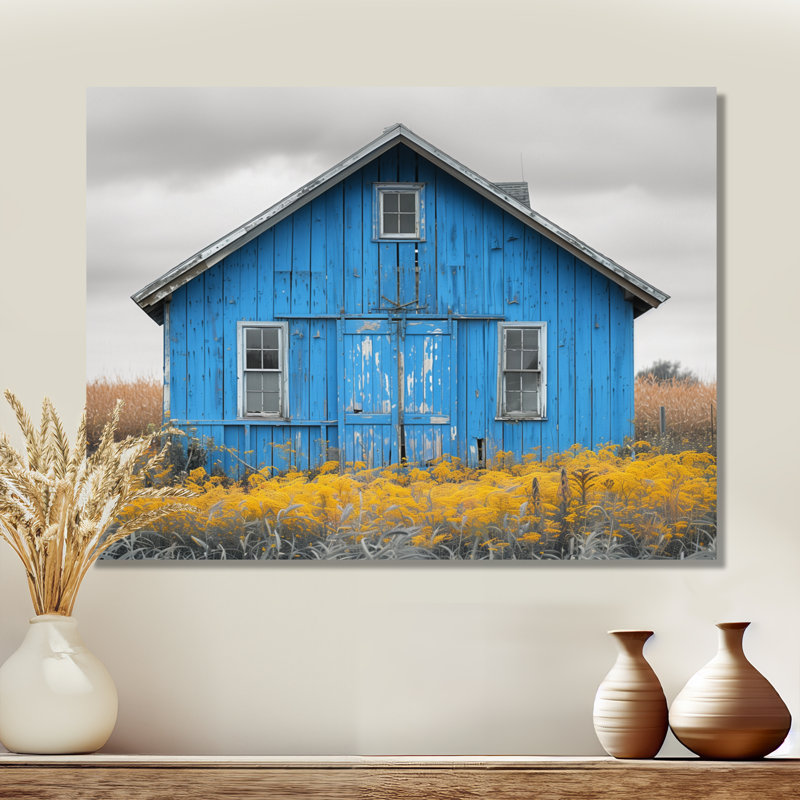  «Blue Gray Autumn Tranquil Barn - Barn Wall Art Living Room, Toile tendue, H 12 po x l 20 po