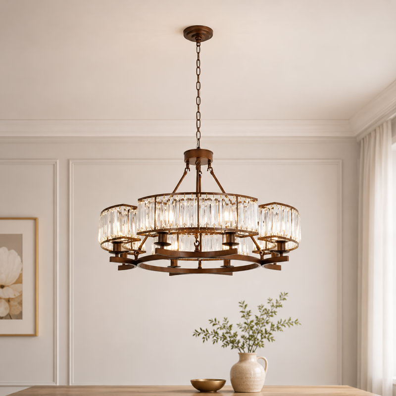 Lustre en roue de chariot à 8 lumières à intensité variable, luminaire suspendu en cristal brun K9 à double fixation (encastré / suspendu) pour salle à manger, salon
