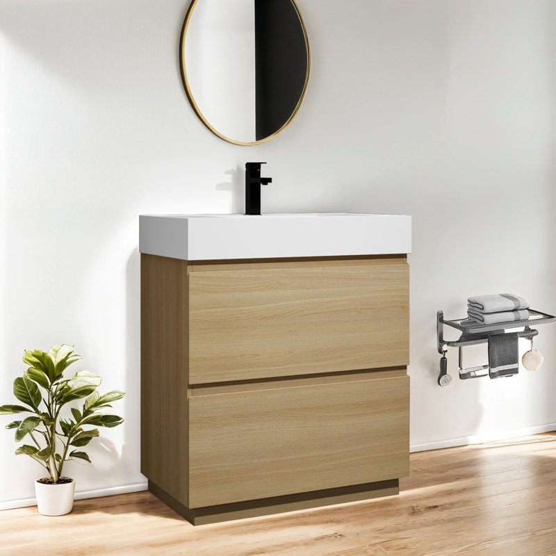 Lavabo de salle de bain 30 po en résine avec double tiroir, Chêne