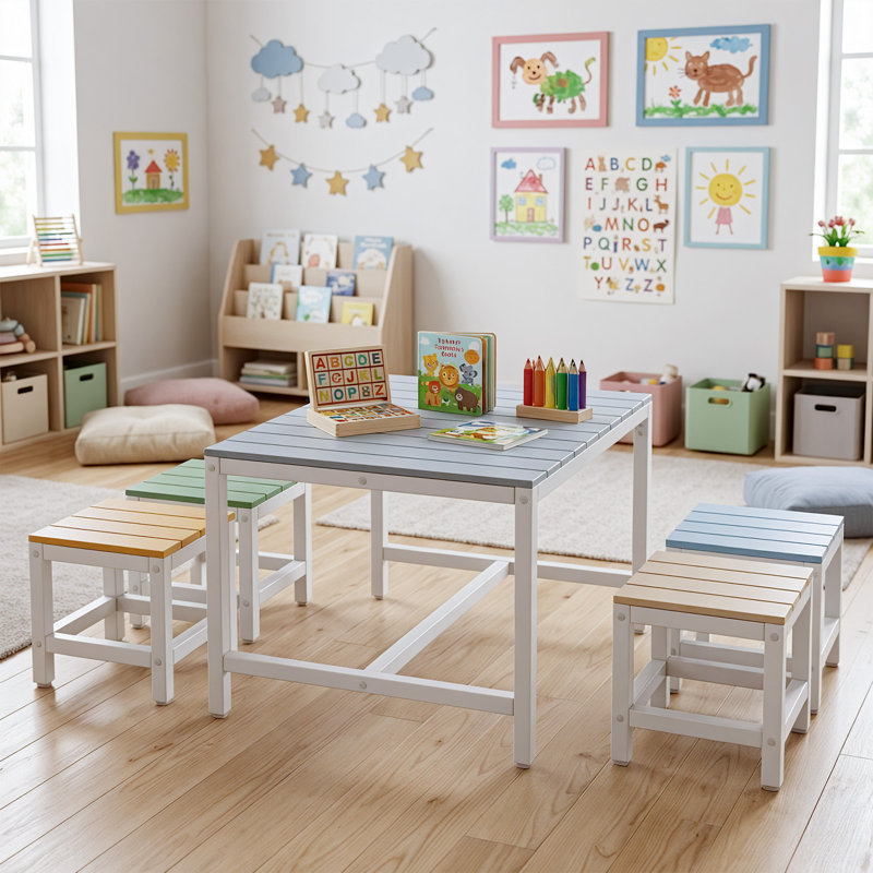 5-Piece Kids Solid Poplar Wood Kids Table Set Patio Table & Chair Set, Gray Wood