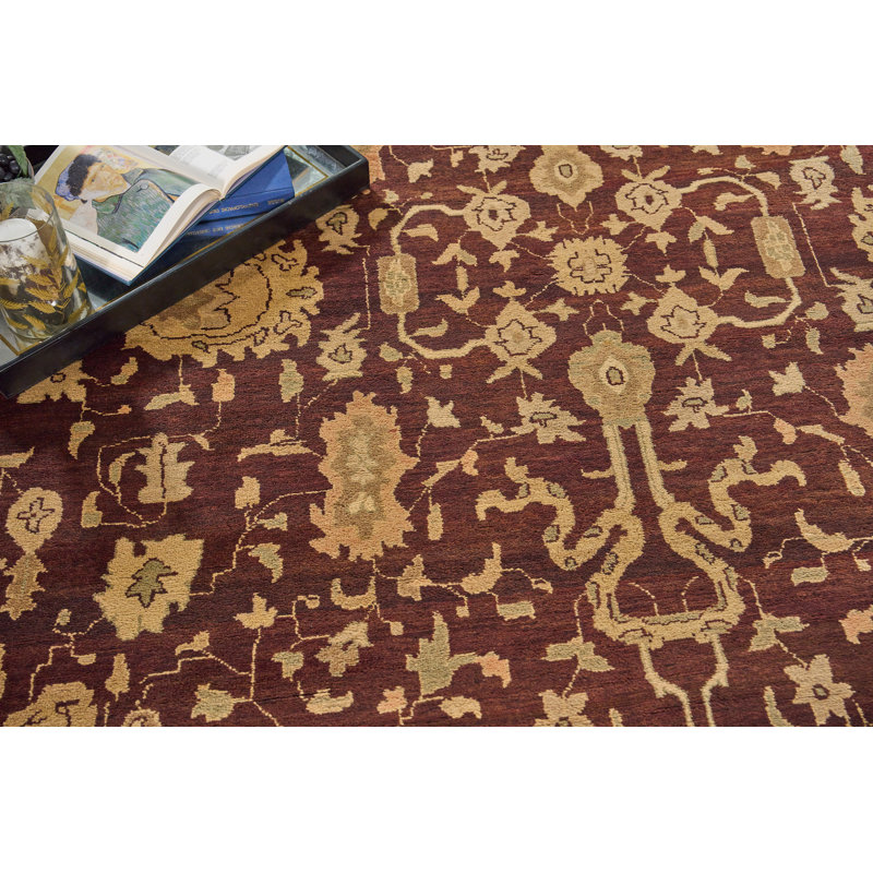 Hand-Knotted Red Floral Wool 10'6" x 14'6" Area Rug