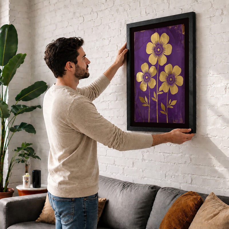 Three Flowers In Purple Botanical - Print, Black, A4 - 29.7 x 21.0 cm