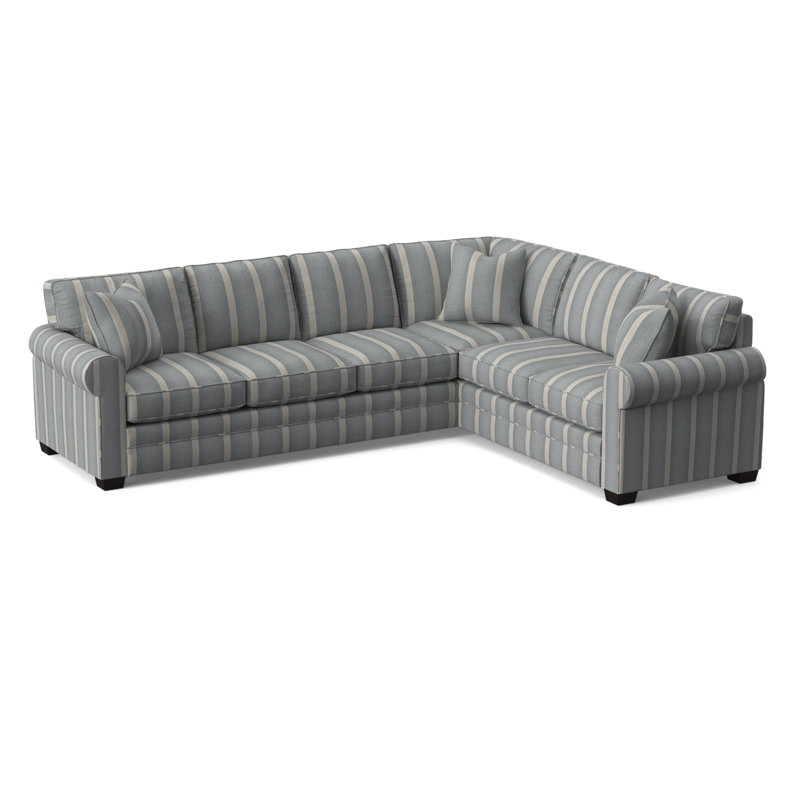 Bedford Upholstered L-Sectional, Light Blue and White Stripe; 0256-54, Right Hand Facing, Java Finish