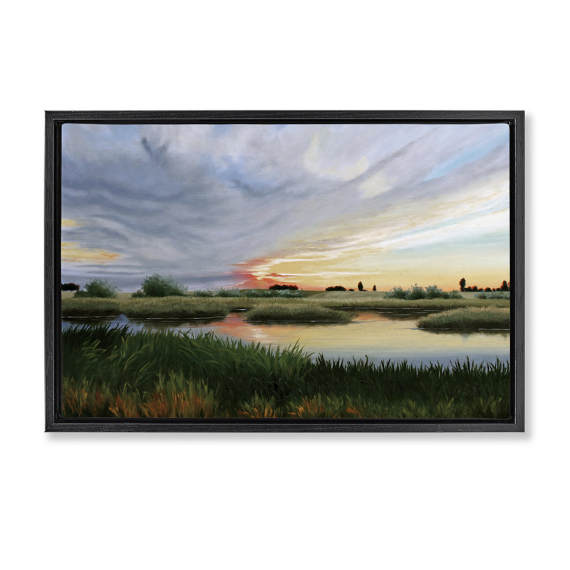 Cadre flottant Sunrise Over Pond, design par Julie Peterson, Cadre flottant noir de jais, H 17 po x l 25 po