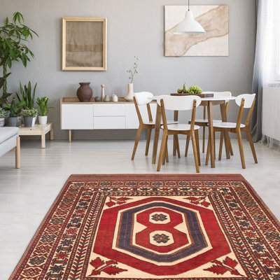 Tapis rouge foncé noué à la main de conception unique 6 pi 7 po x 8 pi 9 po Jochelle