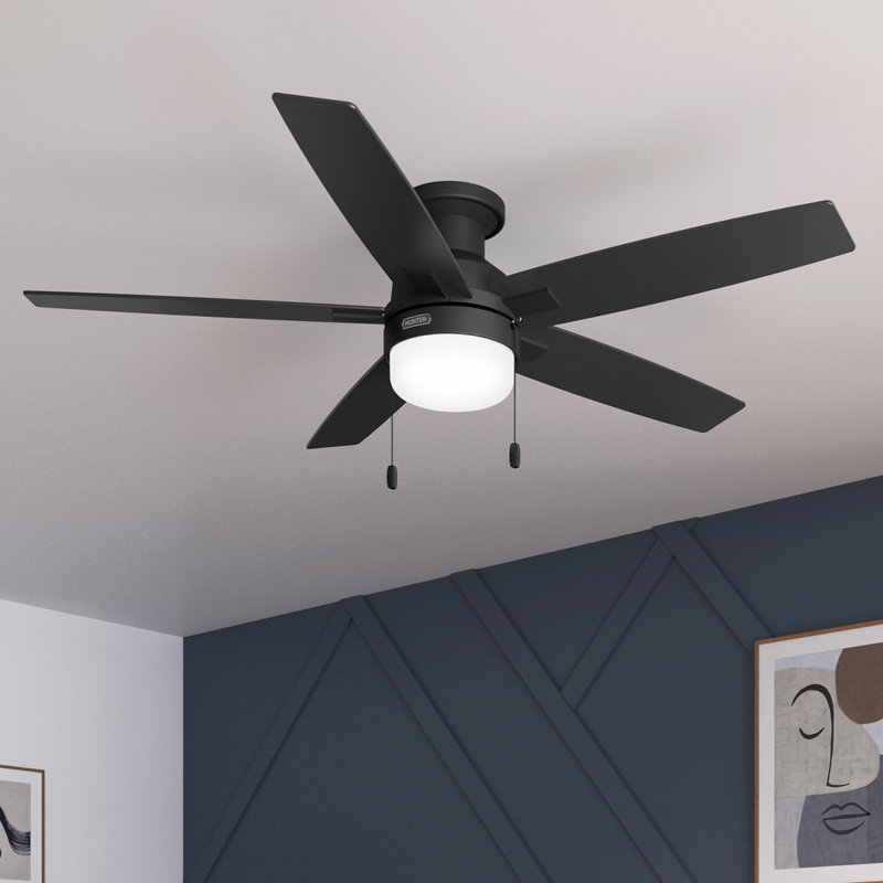 Hunter 52 Inch Anisten Low Profile Ceiling Fan With Lights And Pull Chains, Gray Wood, Matte Black