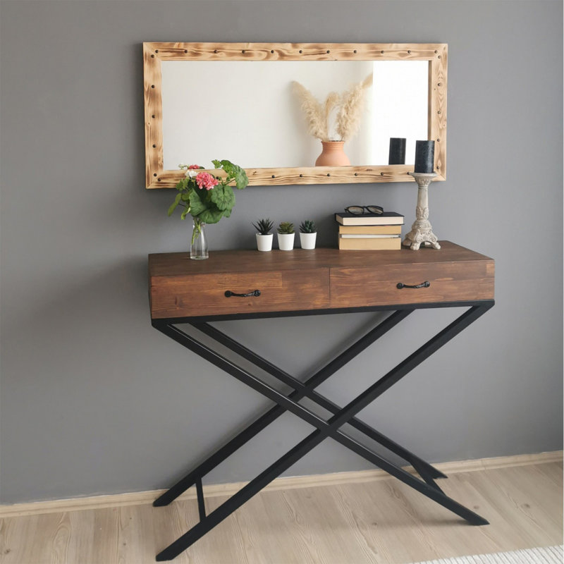 Rustic Walnut Mirror, 43.3 x 19.7 inches | 100% Pine Solid Wood, Wall-Mountable | Adjustable for Horizontal & Vertical Display | Ideal for Entryways, Living Rooms & Bedrooms - Elegant & Durable Design