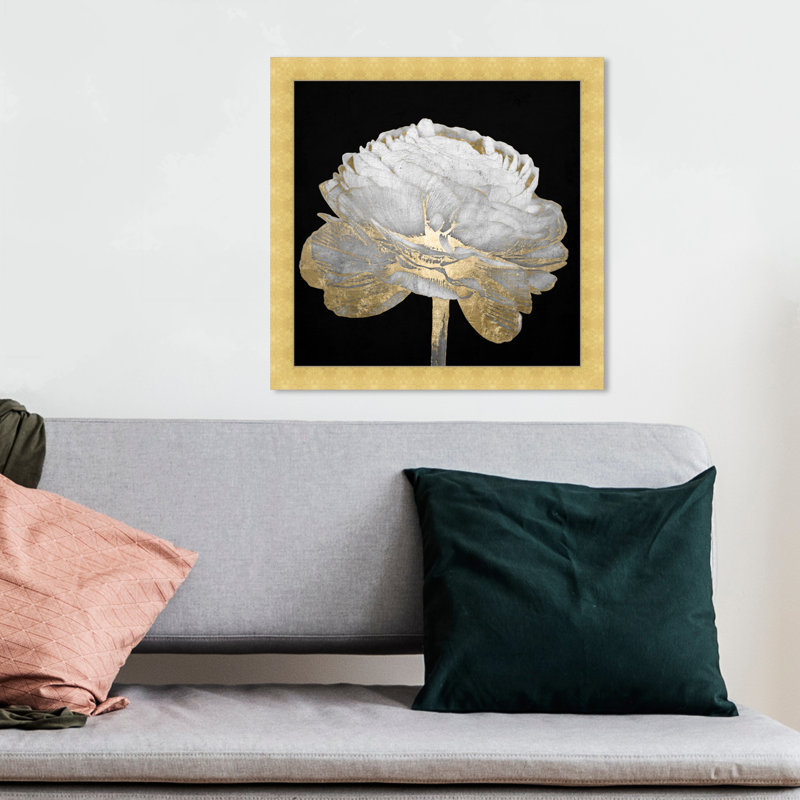 Or et lumière florale II - Peinture encadrée sur papier, H 14 po x l 14 po, Cadre doré