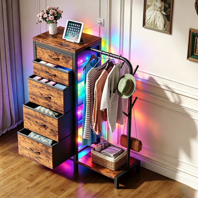 Commode 5 tiroirs avec support à chaussures et penderie, grande commode en tissu sans station de charge et lumières DEL pour la chambre à coucher, le placard, le vestibule