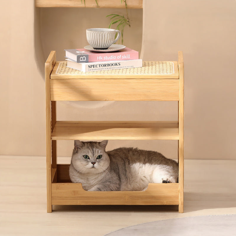 Natural Bamboo Solid Wood Cat House End Table