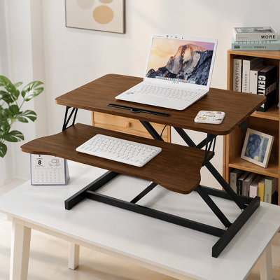 32 Inch Desk Converter, Height Adjustable Sit to Stand Riser, Dual Monitor and Laptop Workstation with Wide Keyboard Tray, Walnut Color