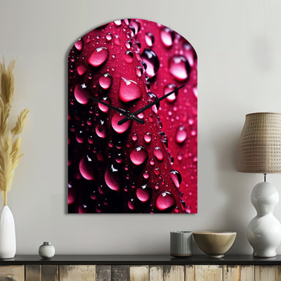 Red Rose with Raindrops XVIII - Floral Asymmetrical Metal Wall Clocks, Red Unique Shape Wall Clock Print