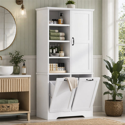 Bathroom Storage Cabinet With Doors And Drawers, Tilt-Out Laundry Hamper, Multiple Storage Space, Freestanding Style, Open Shelve, Adjustable Shelf