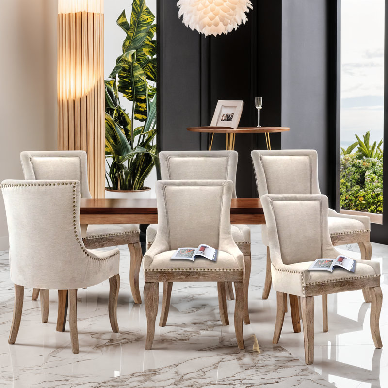 Thickened Fabric Upholstered Wooden Nailhead Dining Chair（Set of 4）, Beige