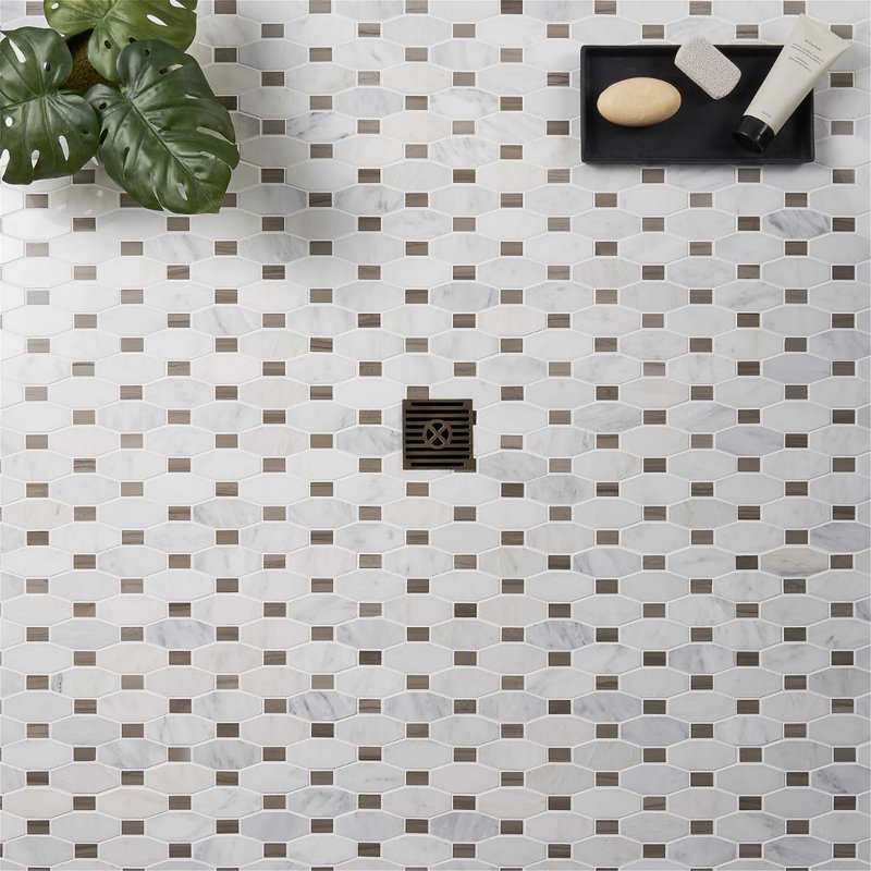 Octave 2x4 Polished Octagon Asian Statuary Marble Mosaic Tile, Asian Statuary;Athens Gray