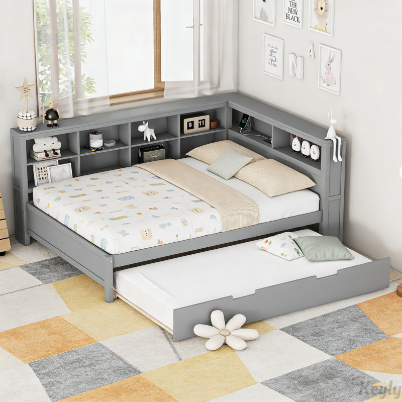 Lit de jour en bois avec lit gigogne simple, tablette de rangement et chargement USB, Double, Gris