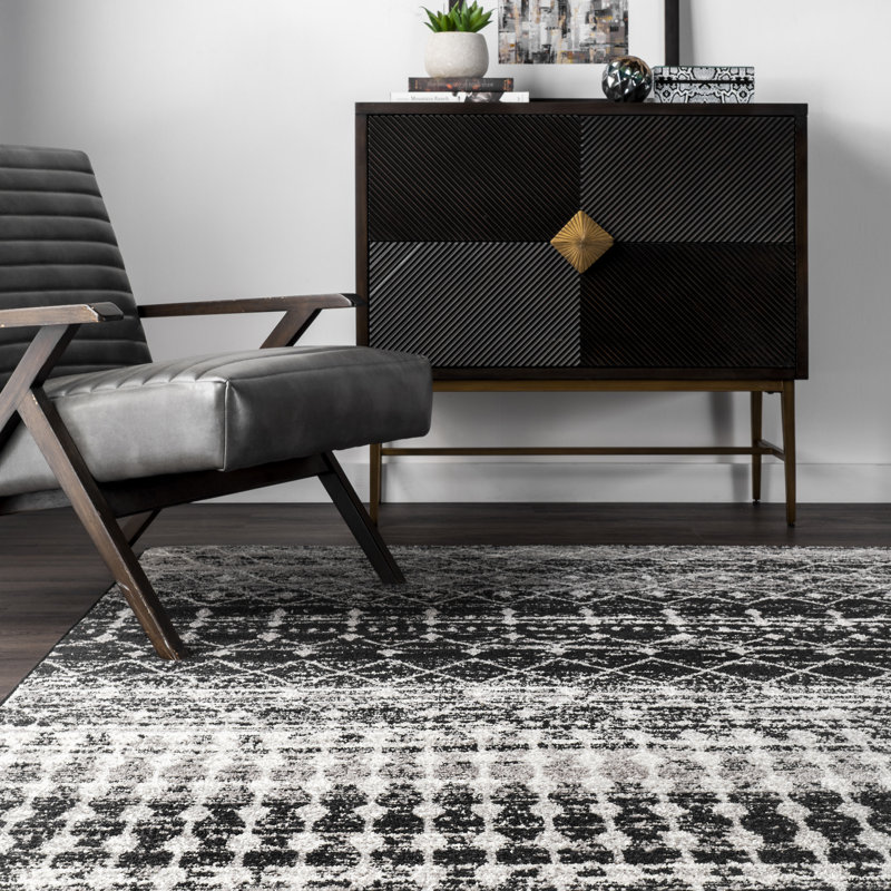 Amandine Moroccan Power Loom Performance Black Rug, Square 4'