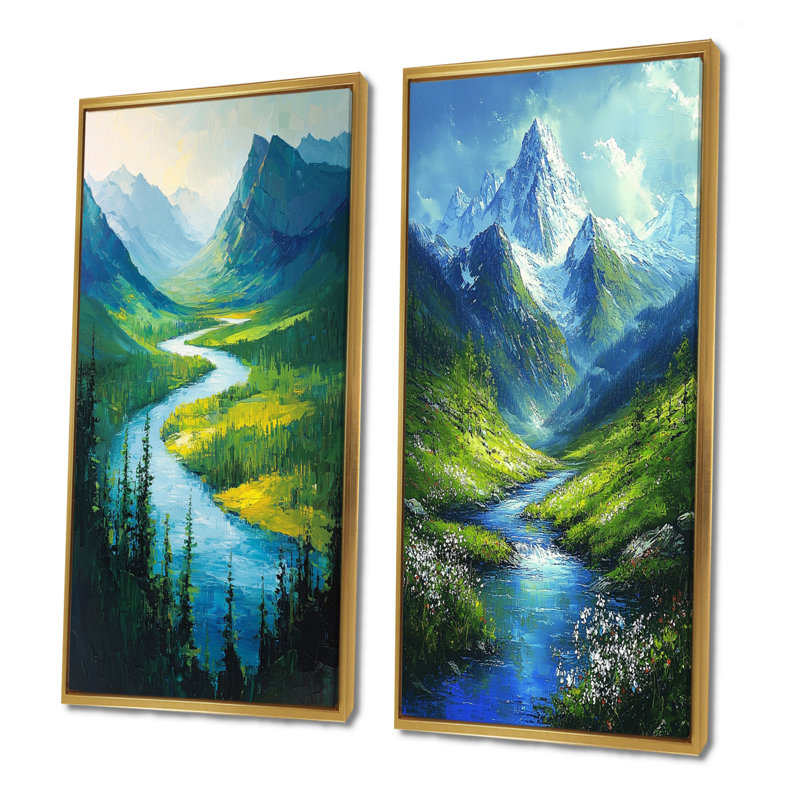 Mountain River Reflections In Rocky Mountains II - Collection d'art mural 2 pièces, H 32 po x l 33 po, Cadre flottant doré