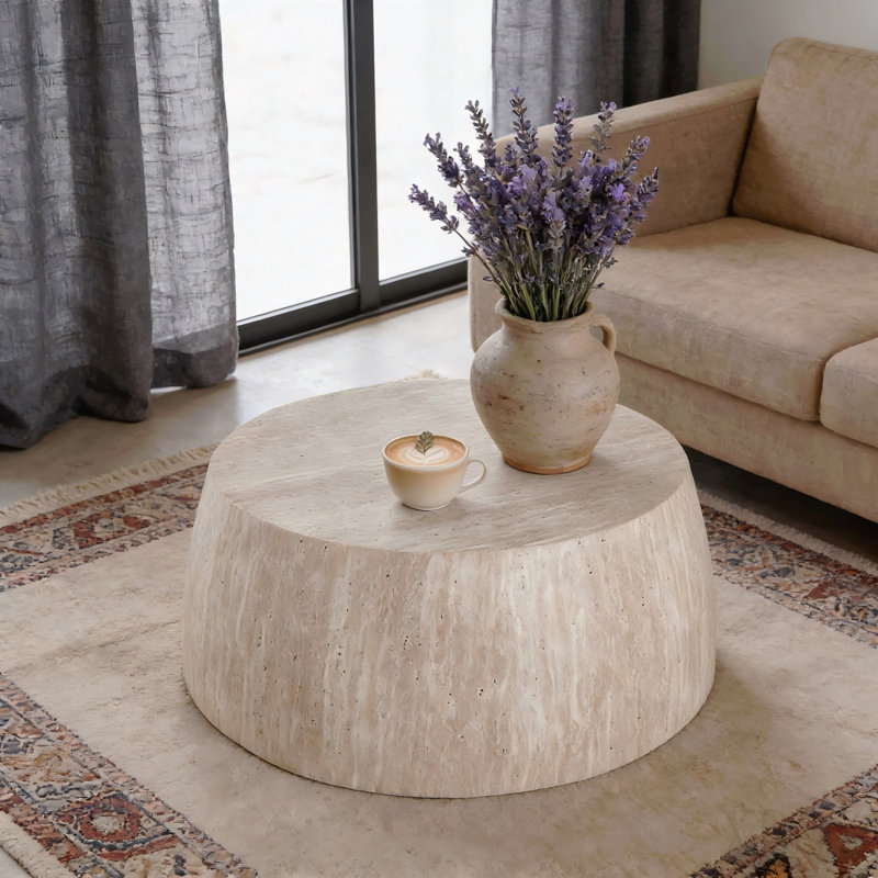 Table basse ronde en MDF de haute qualité, couleur naturelle, 34,65 pouces, style industriel moderne, entièrement assemblée.