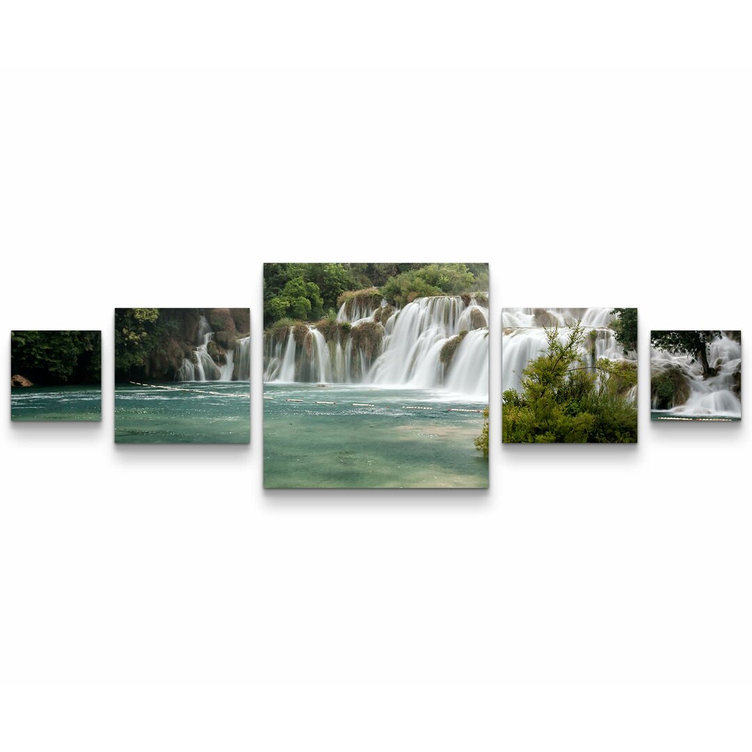 5-tlg. Leinwandbilder-Set Kroatischer Wasserfall an einem Wolkigem Tag