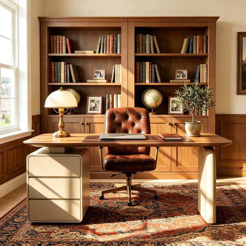 Modern Desk with 3 Drawer Storage, 63" Walnut Wood Top with Asymmetric Cream Base for Office, 29.53" H x 63" W x 27.56" D