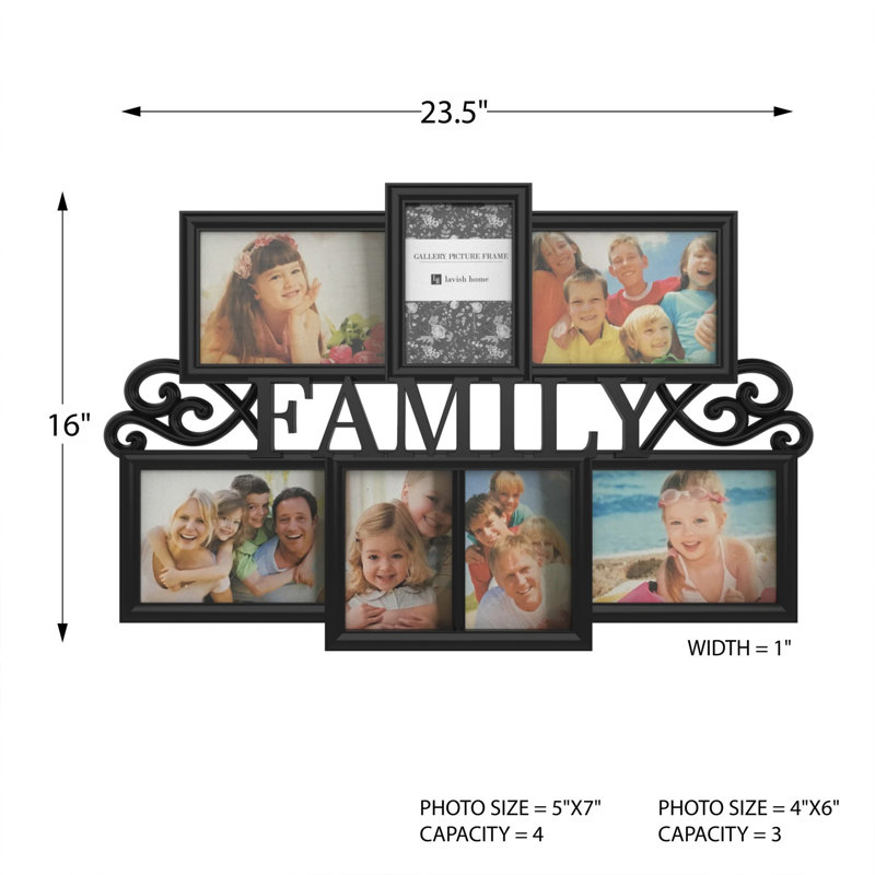 Rodger Family Collage Picture Frame - Wall Hanging with 7 Puzzle-Style Openings - Displays Three 4x6 and Four 5x7 Photos of Memories