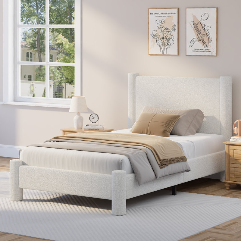 Lit plateforme tapissier Boucle, Blanc, Simple