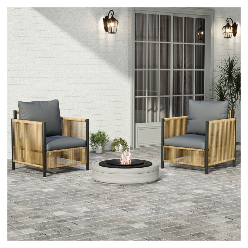 Ensemble de conversation d'extérieur en osier 2 pièces - Canapé en rotin PE moderne avec coussins gris et structure en acier pour le jardin, la terrasse et la cour
