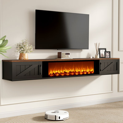 Floating TV Stand with 36" Electric Fireplace, Wall Mounted Fireplace Entertainment Center with Storage, Farmhouse Floating TV Shelf for TVs Up to 80"