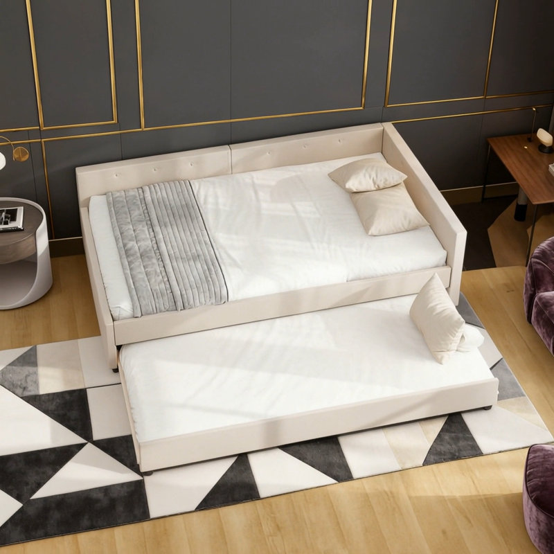 Upholstered Platform Bed with USB and Twin Size Trundle, Queen