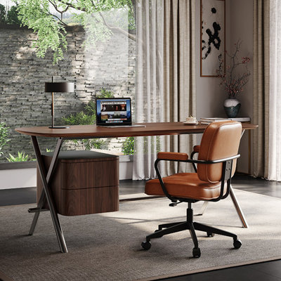 Bureau en bois massif incurvé de luxe léger avec pieds en métal minimalistes en X et armoire de rangement attachée, table de bureau artistique pour étude à domicile