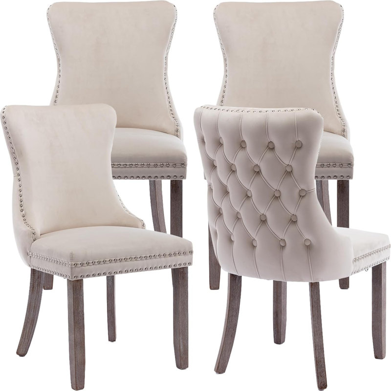  Demarco Luxury Velvet Upholstered Kitchen Dining Chairs, Beige, Oak Wood, 4